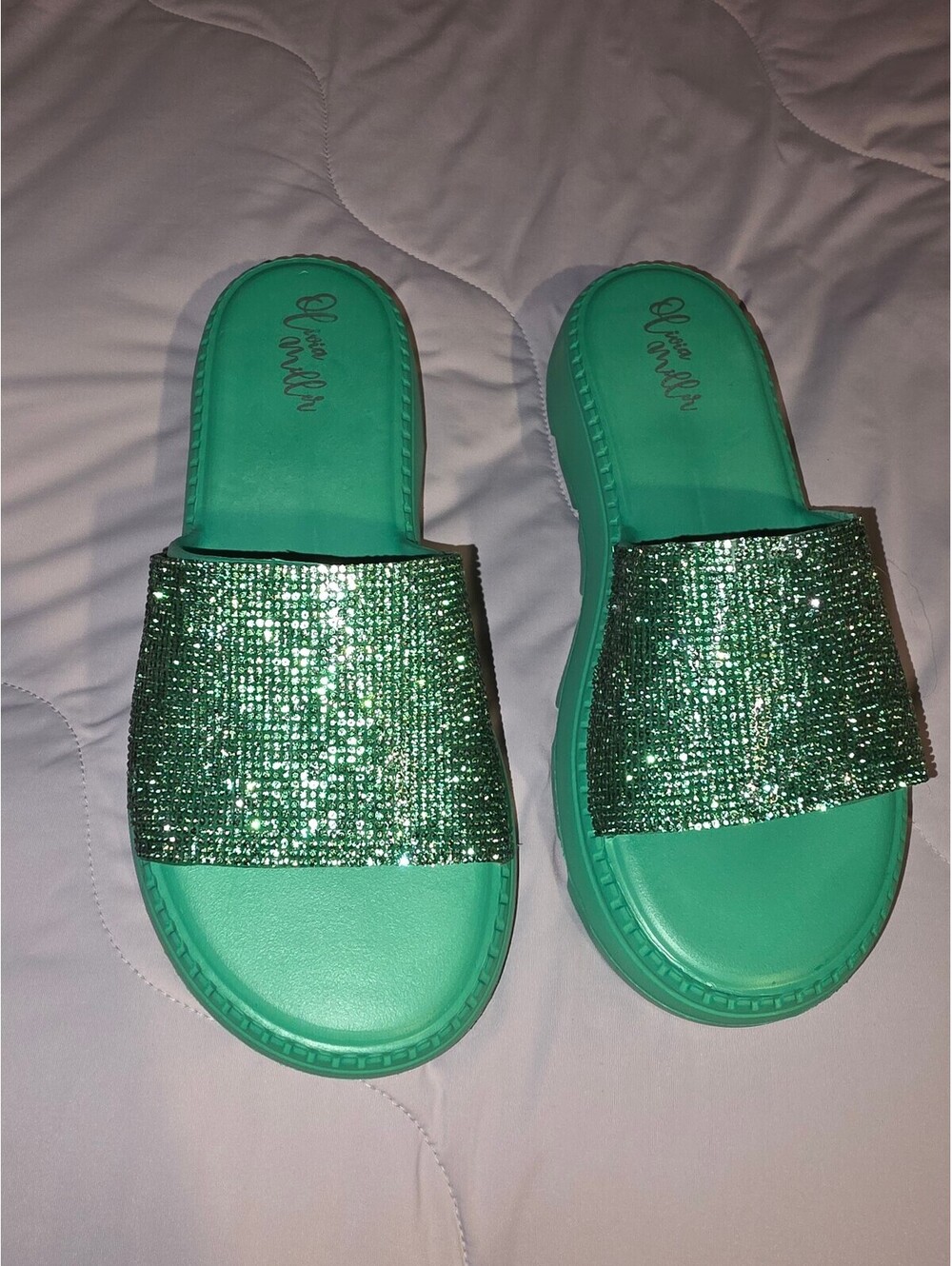 Women's Green Rhinestone Accent Slip-On Slide Platform Sandals.  US 10
